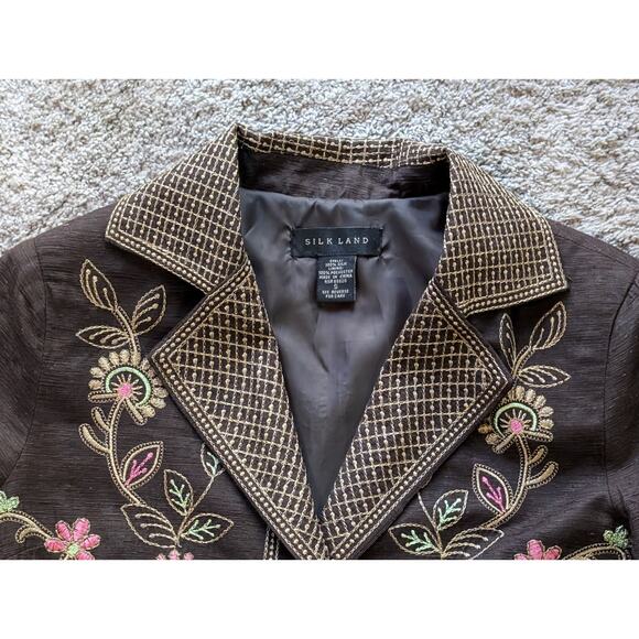 VTG Silkland S Women 100% Silk Brown Floral Jacket Embroidered Collared Lined - Picture 3 of 15